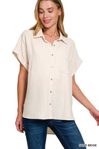 Button Down High/Low Top - Sand Beige