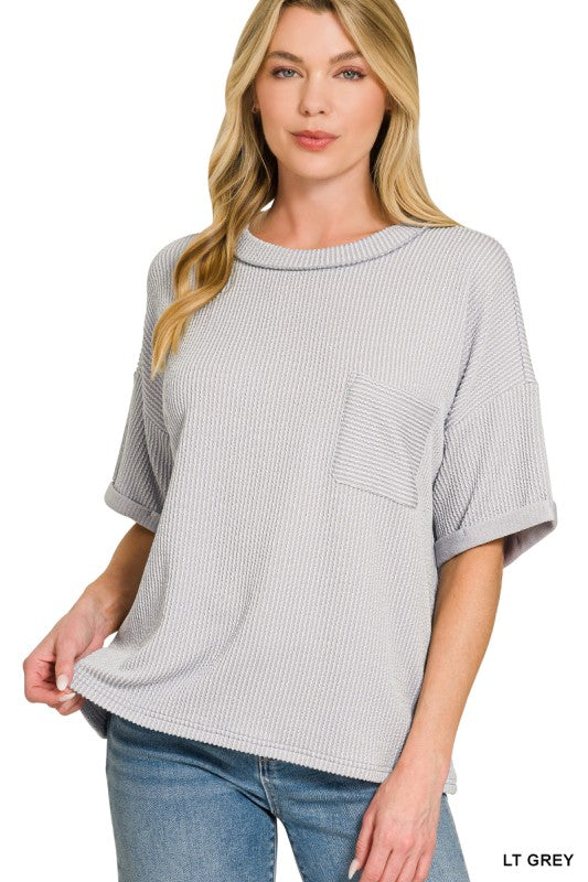 Ribbed Shortsleeved Top - Light Gray