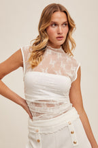 Ruched Lace Mock Neck Top