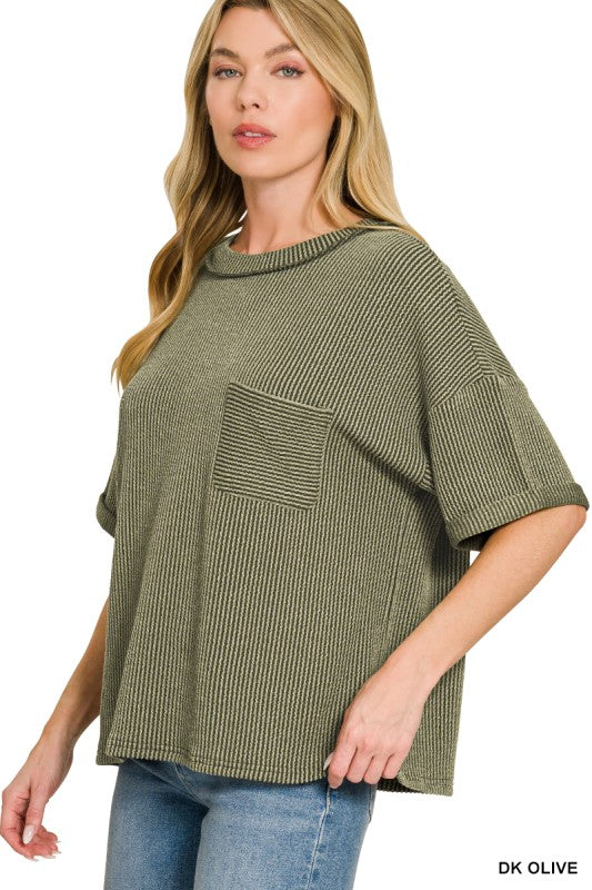 Ribbed Shortsleeved Top - Dark Olive