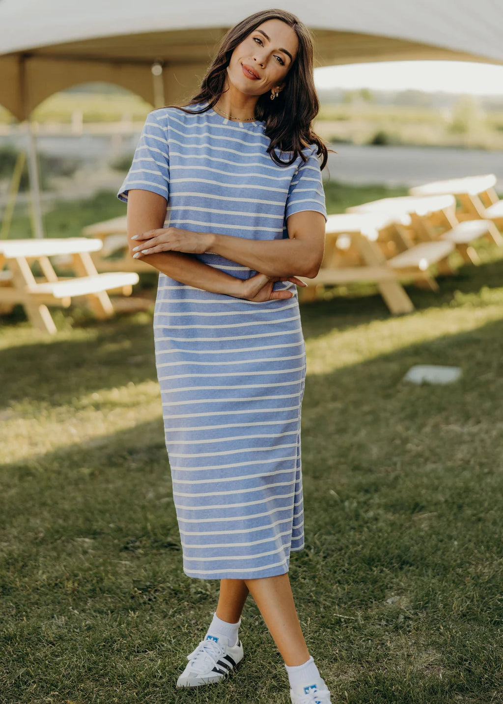 Striped Midi T-Shirt Dress - Blue