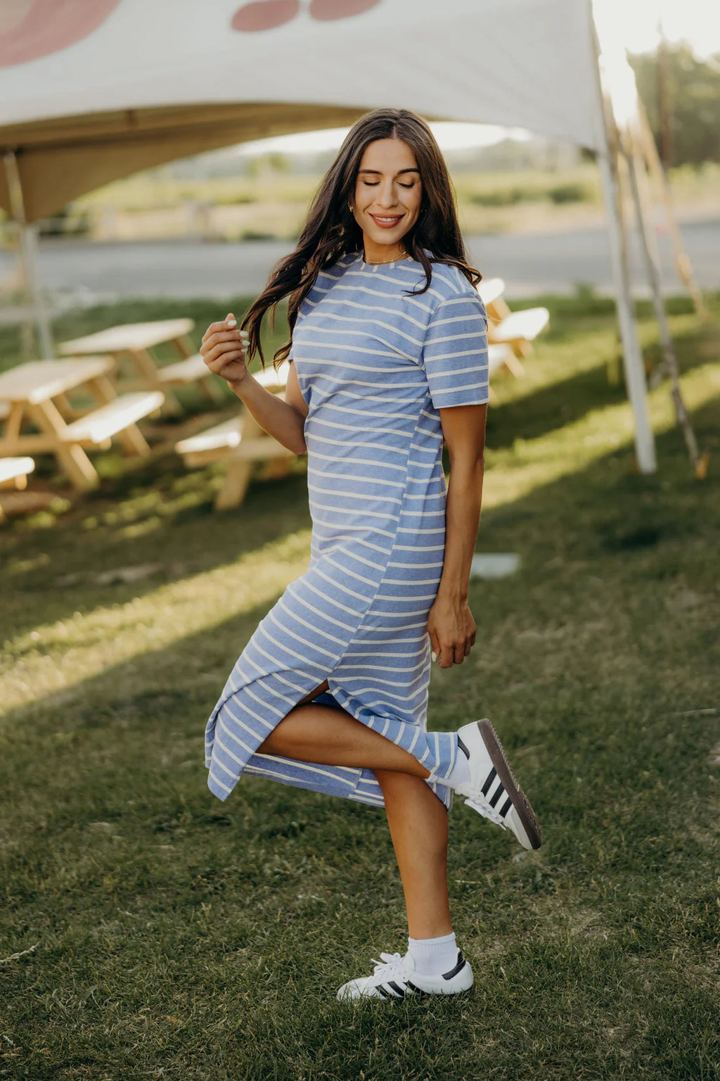 Striped Midi T-Shirt Dress - Blue