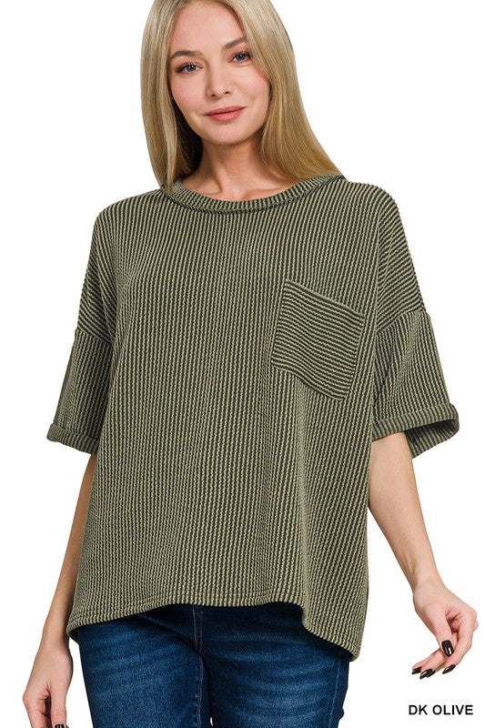Ribbed Shortsleeved Top - Dark Olive