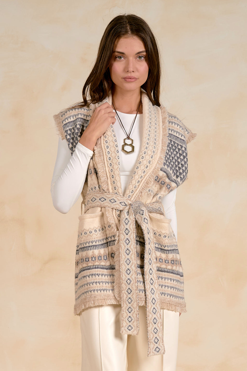 Sleeveless Cardigan - Off White/Gray