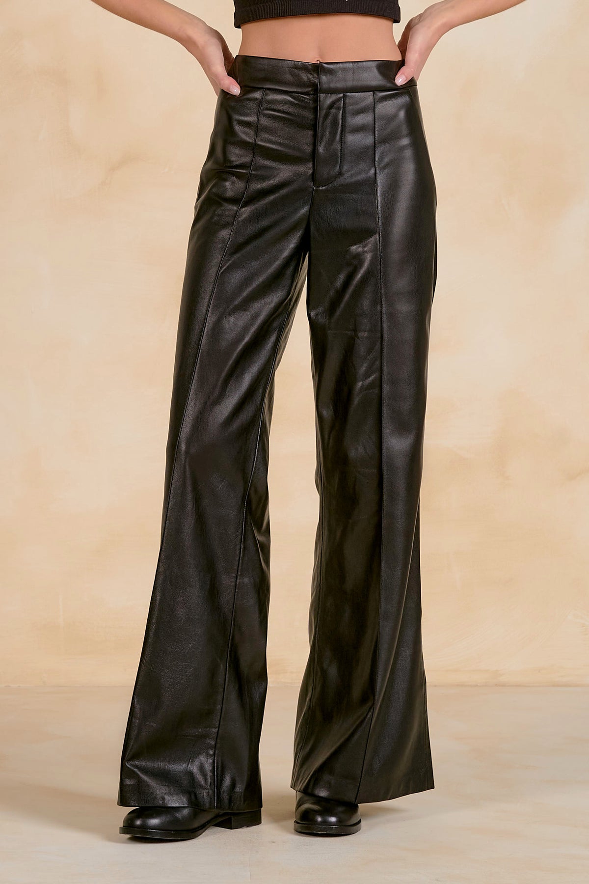 High Waist Flair Leather Pants - Black