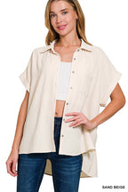 Button Down High/Low Top - Sand Beige