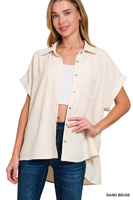 Button Down High/Low Top - Sand Beige