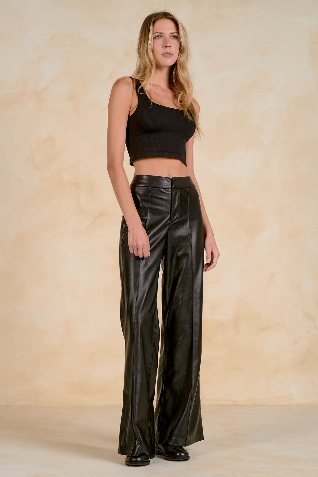 High Waist Flair Leather Pants - Black