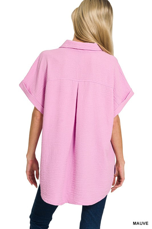 Button Down High/Low Top - Mauve
