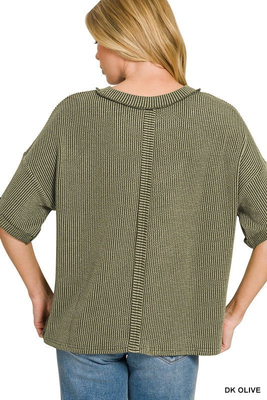 Ribbed Shortsleeved Top - Dark Olive