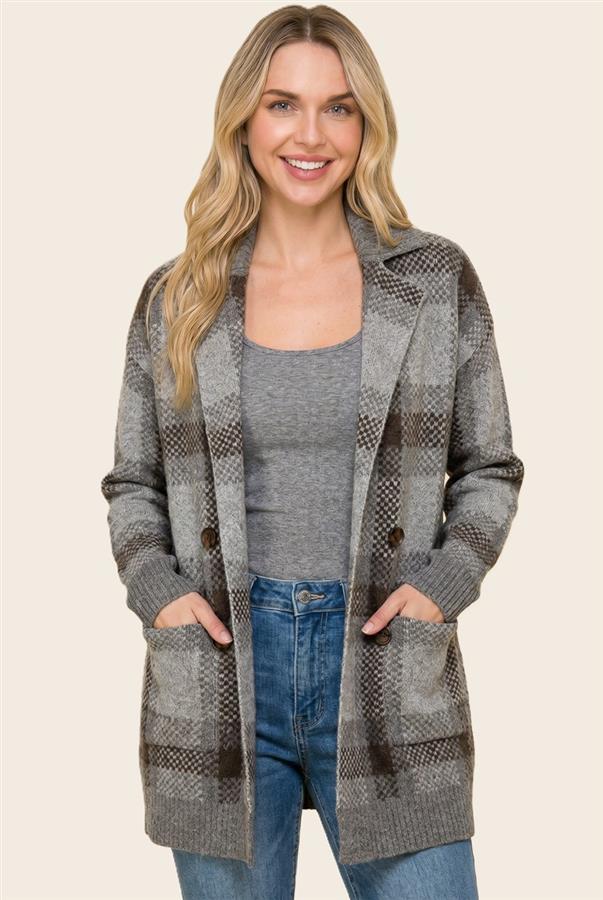 Plaid Long Cardigan - Charcoal
