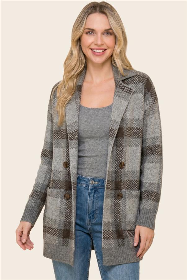 Plaid Long Cardigan - Charcoal