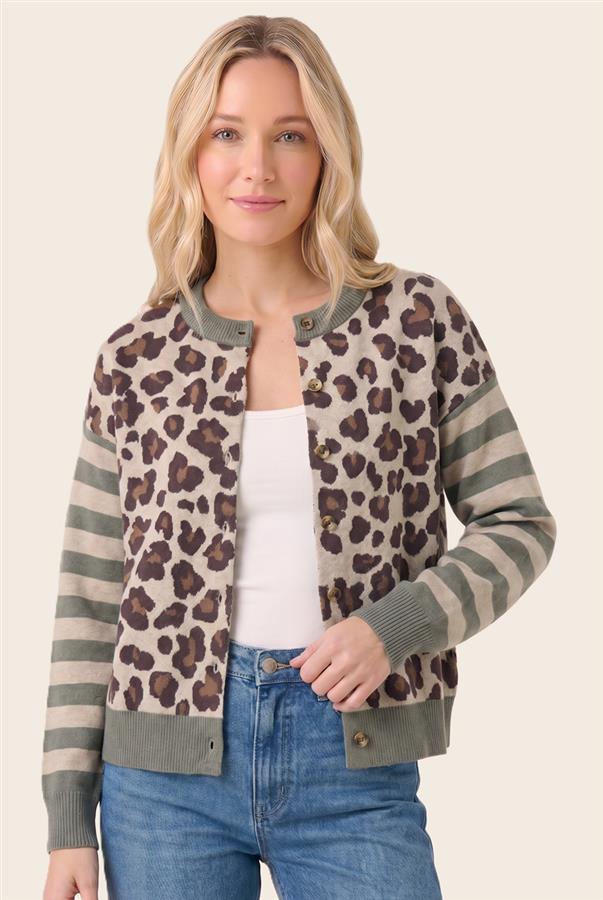 Cheetah/Striped Cardigan - Olive