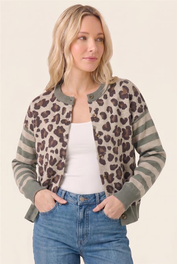 Cheetah/Striped Cardigan - Olive