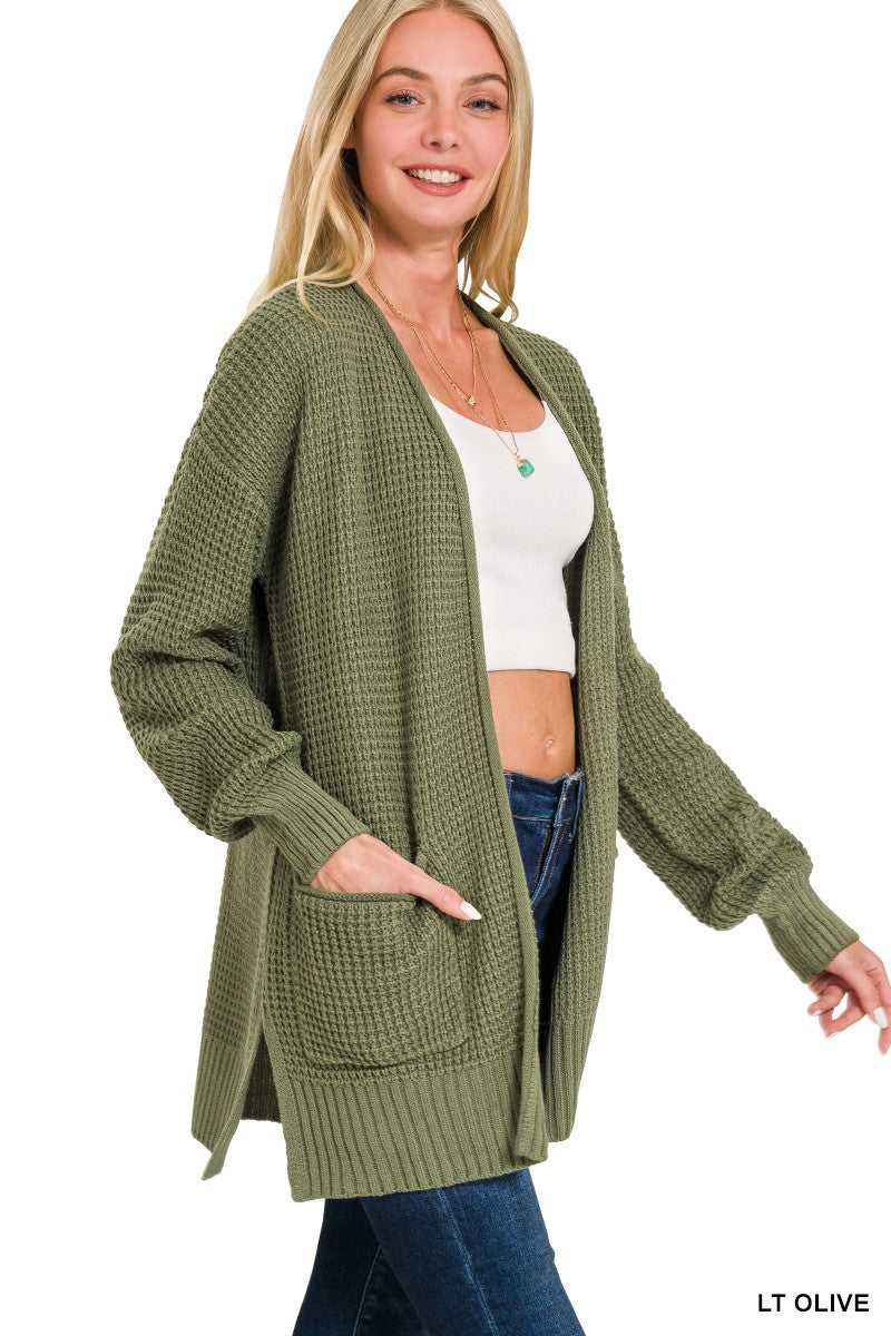Waffle Knit Cardigan - Light Olive