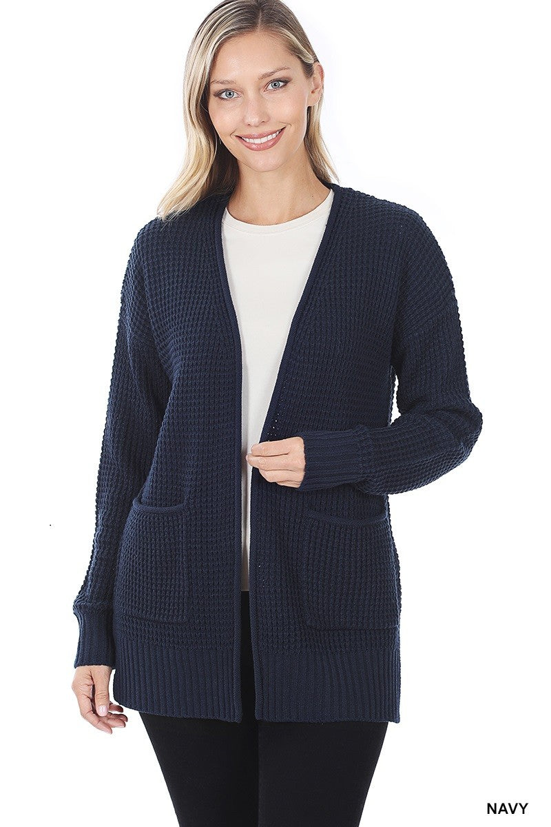 Waffle Knit Cardigan - Navy
