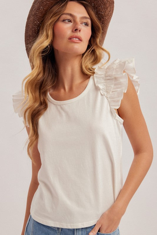 Ruffle Sleeve Tee - White
