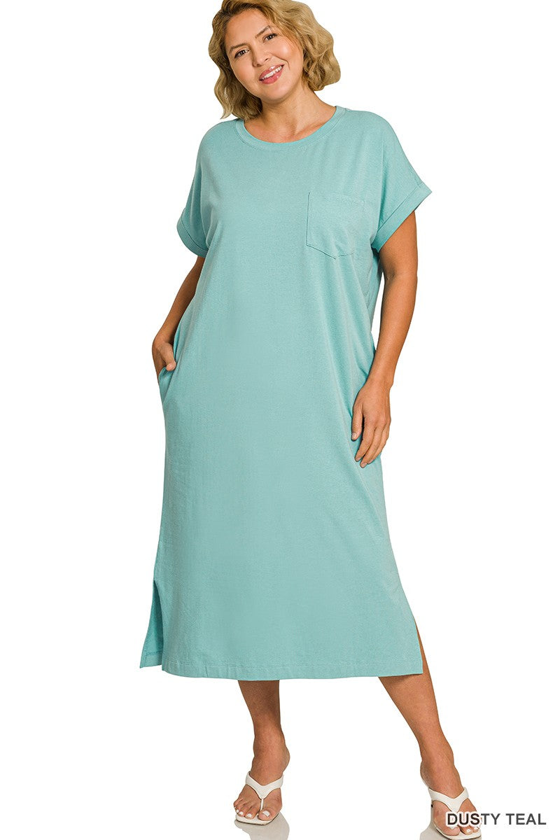 Midi T-Shirt Dress - Dusty Teal - Extended Size
