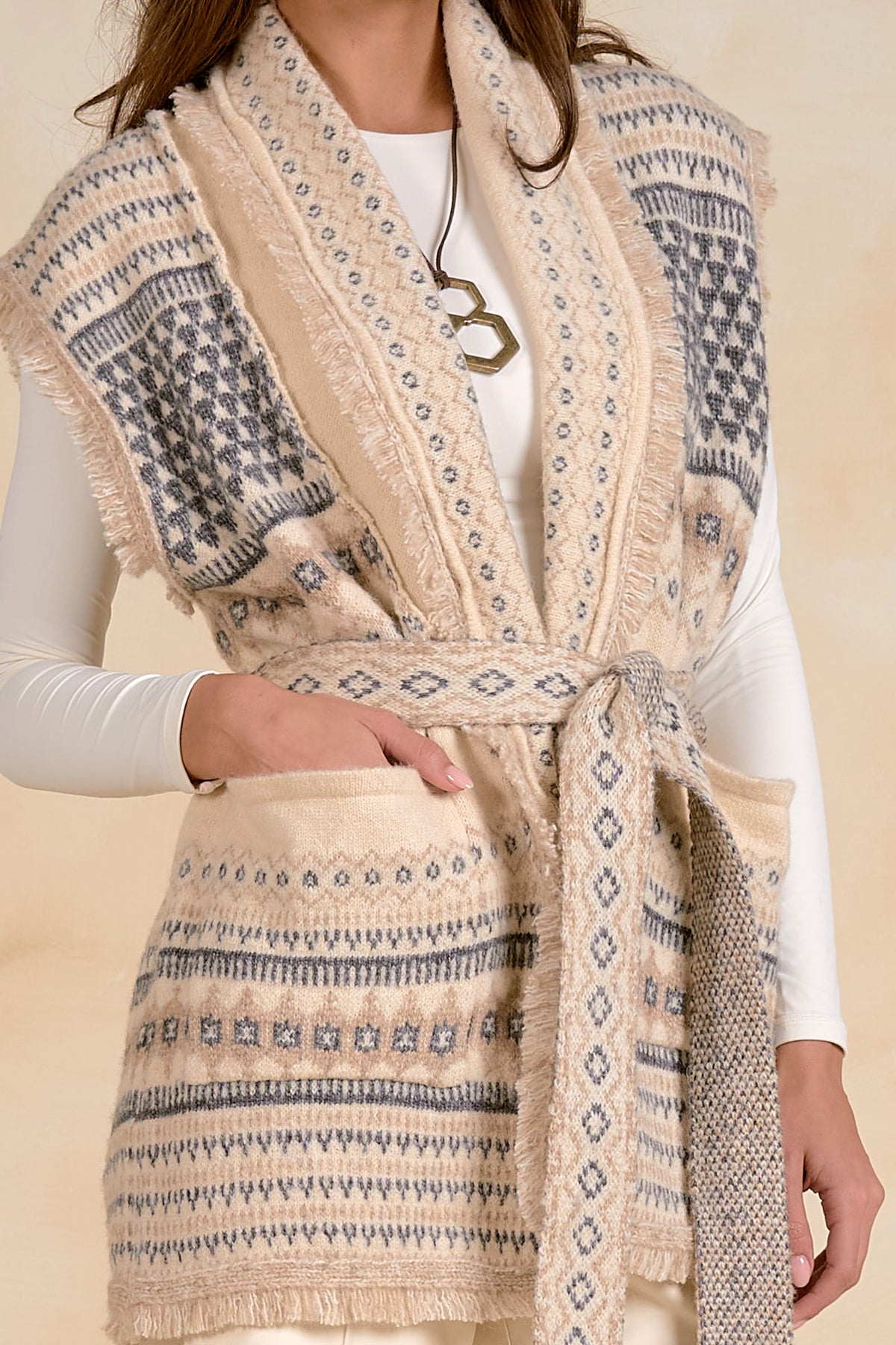 Sleeveless Cardigan - Off White/Gray
