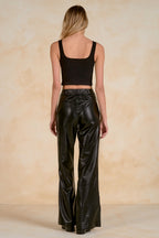 High Waist Flair Leather Pants - Black