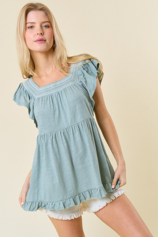Smocked Square Neck Top - Seafoam/White