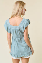Smocked Square Neck Top - Seafoam/White