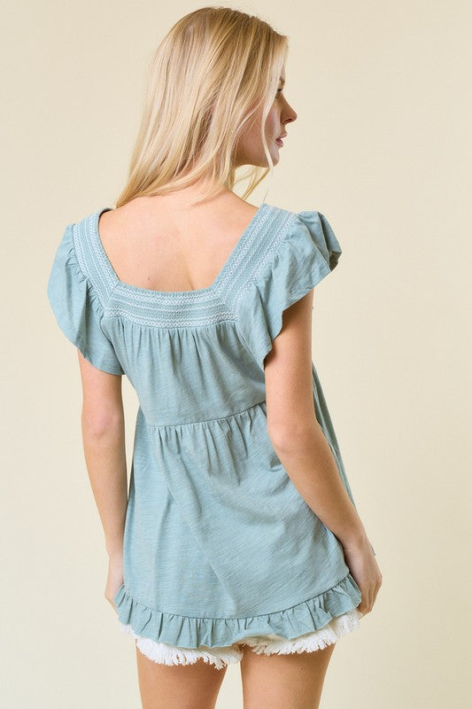 Smocked Square Neck Top - Seafoam/White