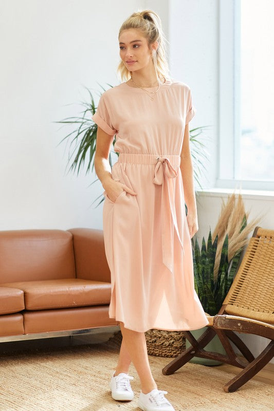 Midi Dress w/ Tie Waist - Blush