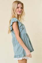 Smocked Square Neck Top - Seafoam/White