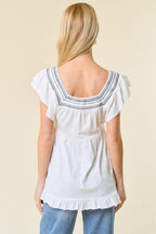 Smocked Square Neck Top - White/Navy