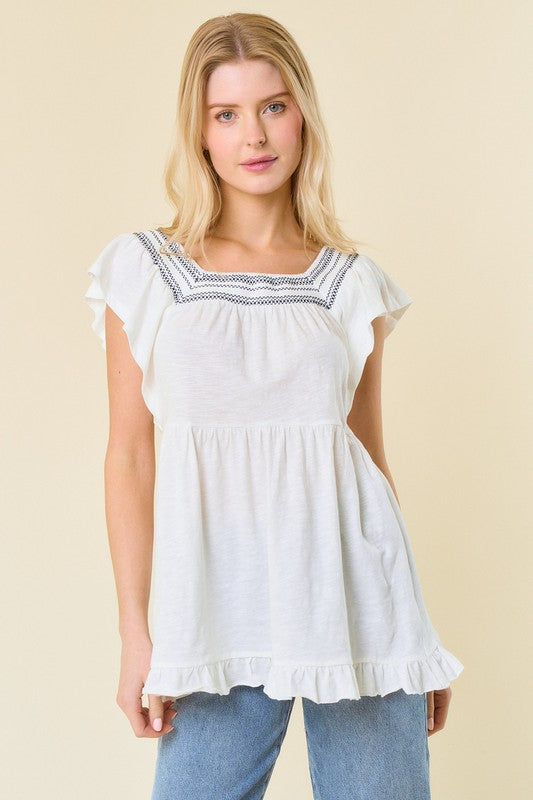 Smocked Square Neck Top - White/Navy