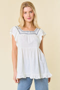 Smocked Square Neck Top - White/Navy