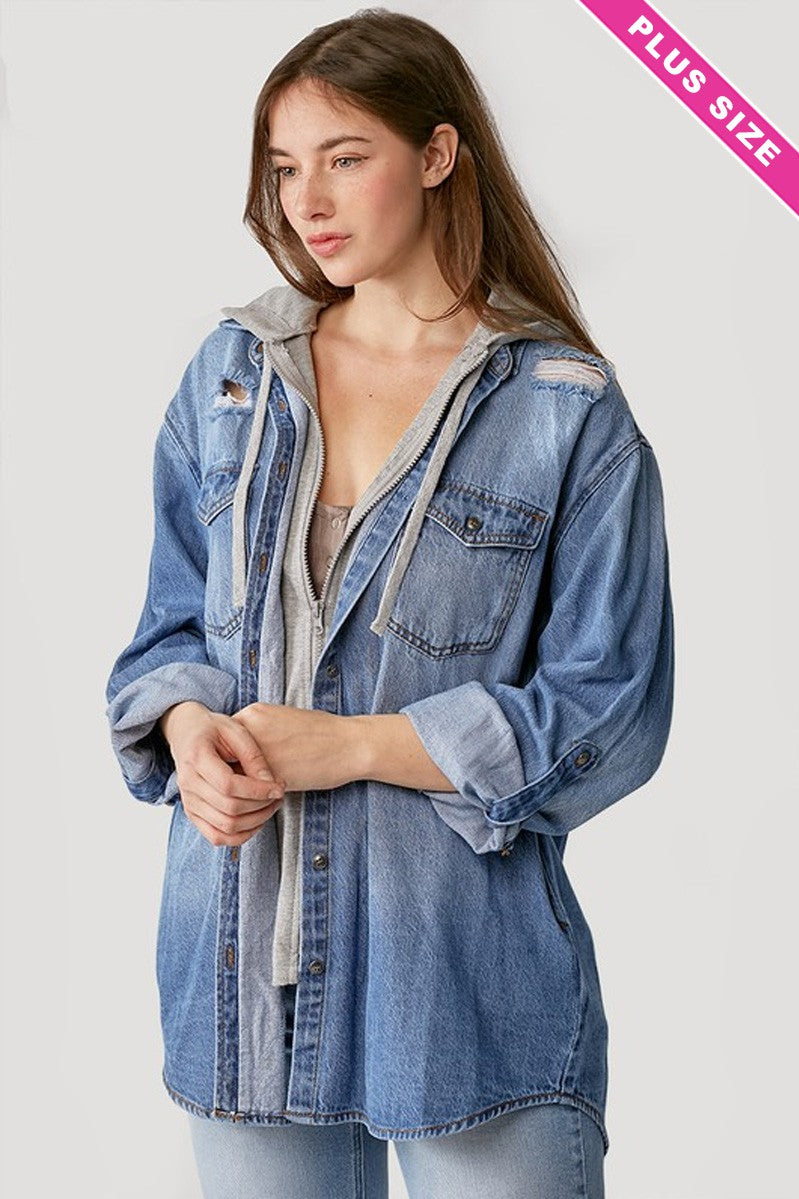 Risen Denim Zip-Up Hoodie - Medium Wash- Extended Size