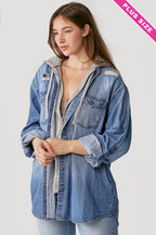 Risen Denim Zip-Up Hoodie - Medium Wash- Extended Size