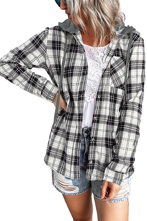 Hooded Plaid Flannel - Black
