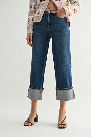 Cuffed Hem Wide Leg Jean- Dark Wash - Petite