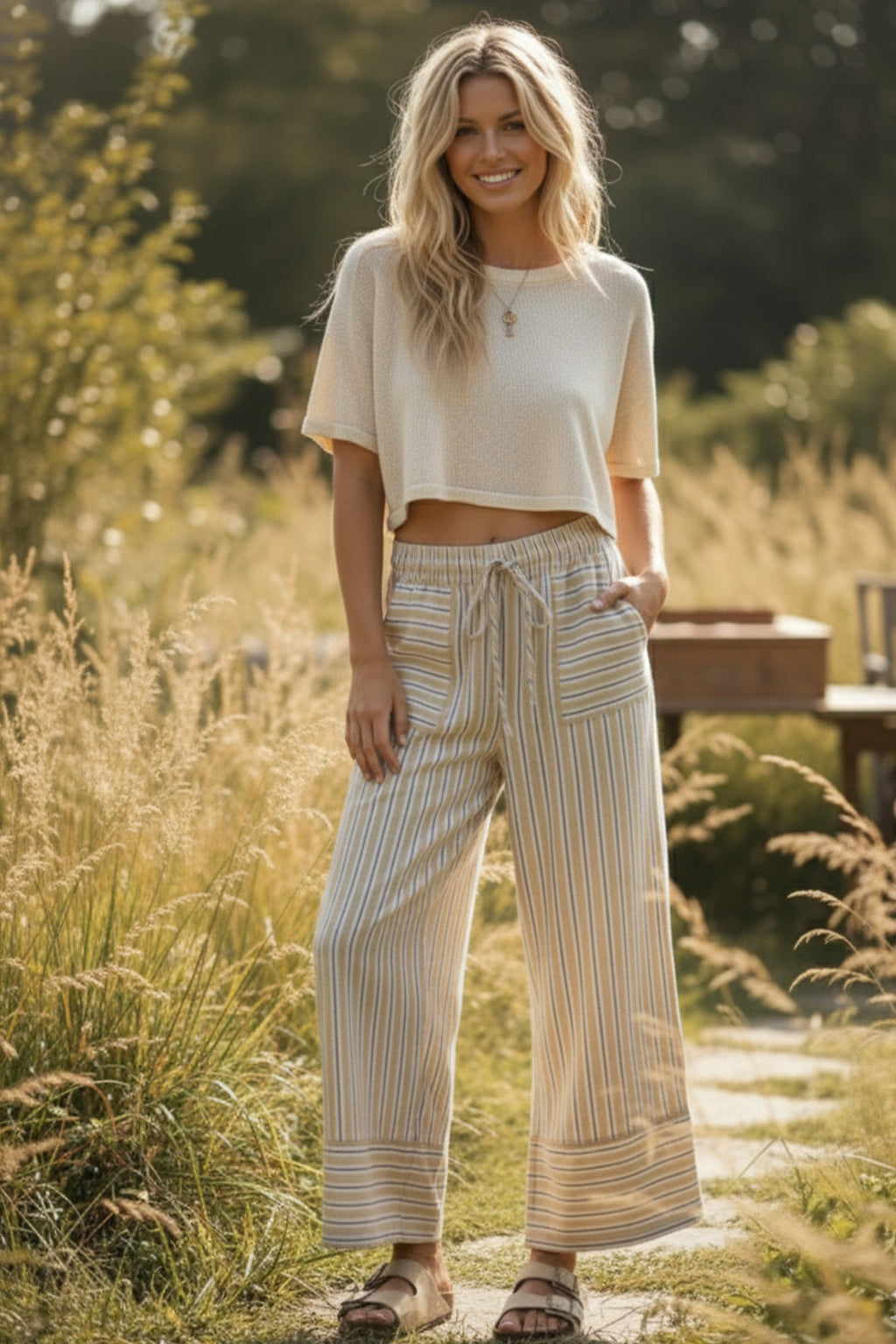 Striped Wide Leg Pant - Taupe