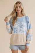 French Terry Floral Pullover - Blue/Tan