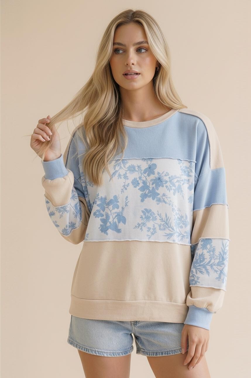 French Terry Floral Pullover - Blue/Tan