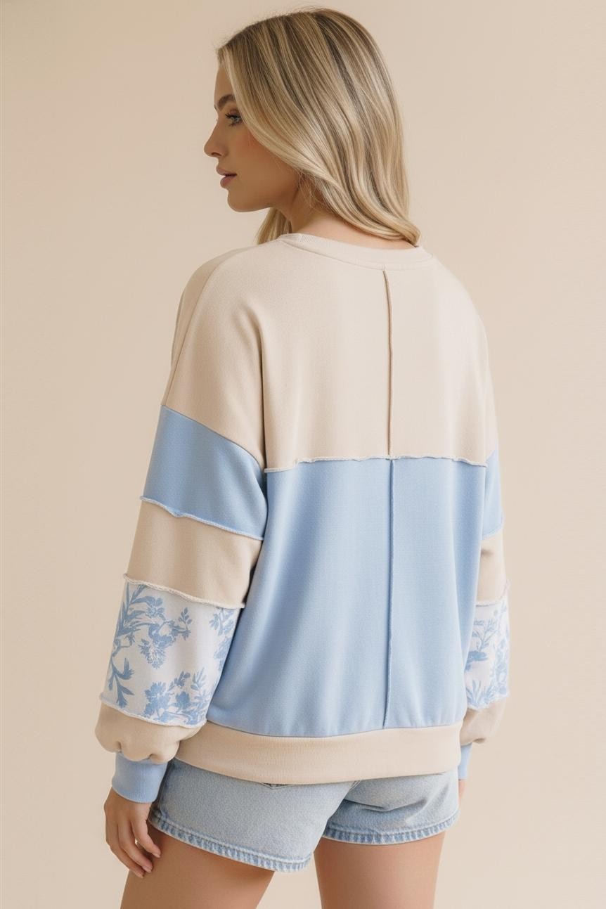 French Terry Floral Pullover - Blue/Tan - Extended Size