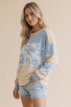 French Terry Floral Pullover - Blue/Tan