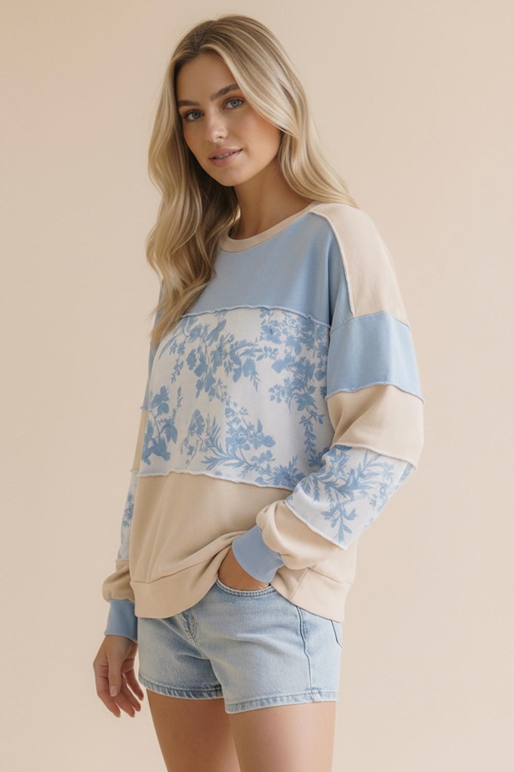 French Terry Floral Pullover - Blue/Tan