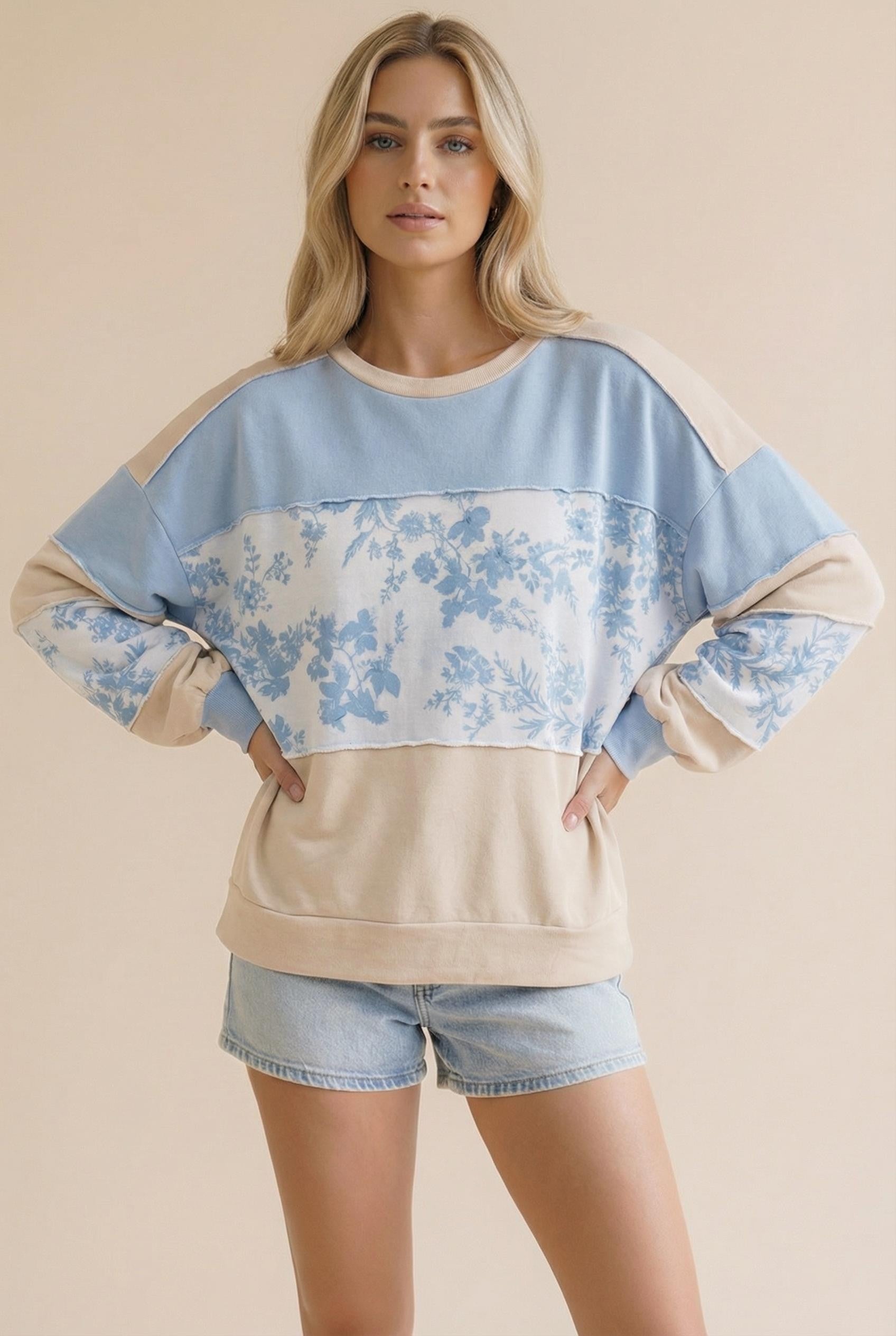 French Terry Floral Pullover - Blue/Tan - Extended Size