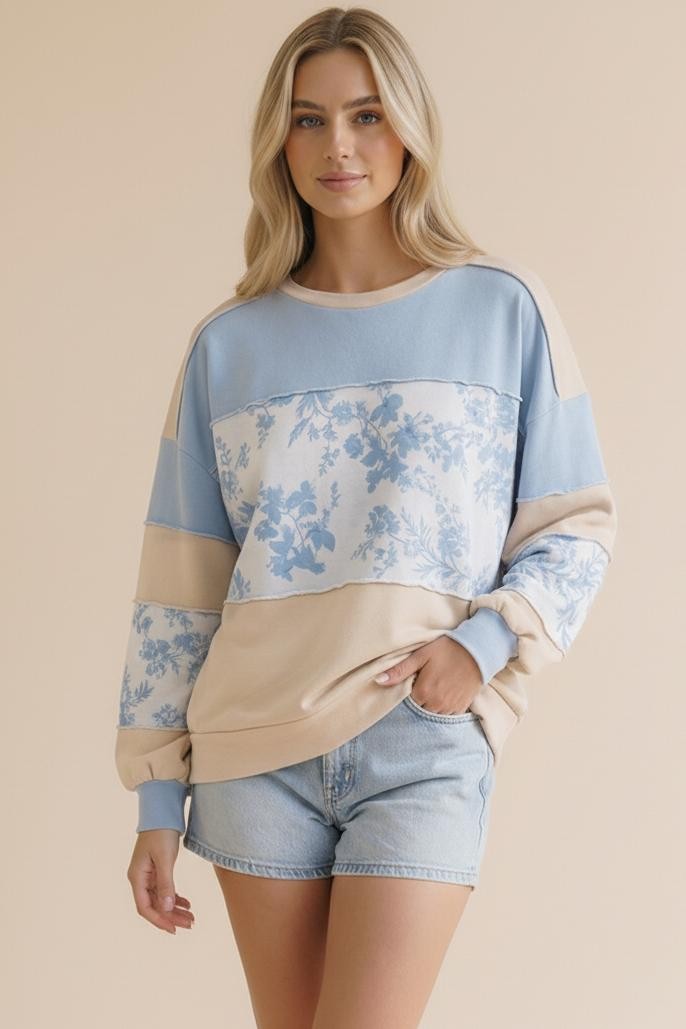 French Terry Floral Pullover - Blue/Tan - Extended Size