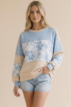 French Terry Floral Pullover - Blue/Tan - Extended Size