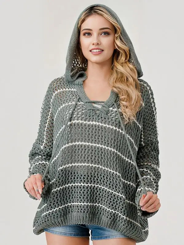Loose Knit Hoodie - Navy Stripe