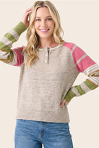 Knit Quarter Button Sweater - Pink/Tan