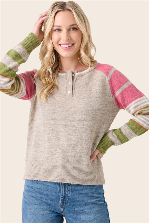 Knit Quarter Button Sweater - Pink/Tan