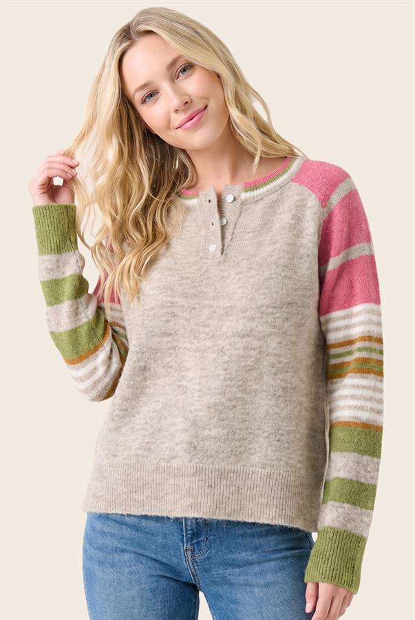 Knit Quarter Button Sweater - Pink/Tan