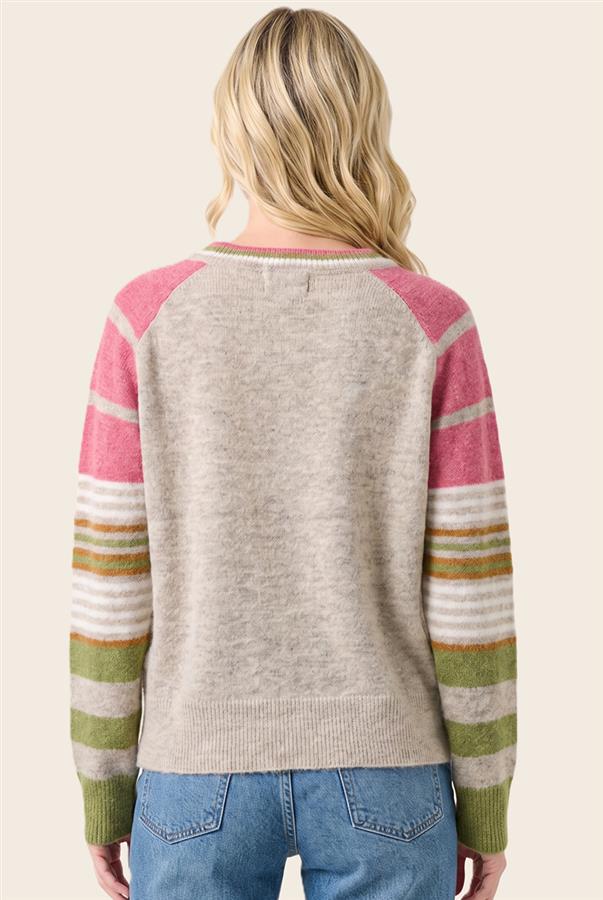 Knit Quarter Button Sweater - Pink/Tan
